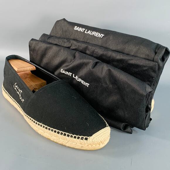 SAINT LAURENT Size 12 Black Natural Embroidered Logo Canvas Espadrille Sneakers - Picture 10 of 10